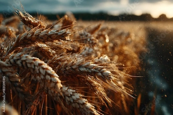 Fototapeta Golden wheat stalks sway gently in a sunlit field at dusk.