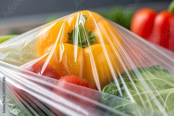 Obraz Fresh yellow bell pepper and red peppers wrapped in clear plastic wrap