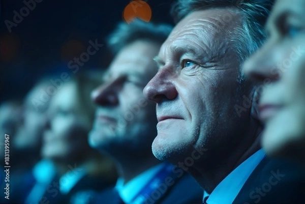 Fototapeta A group of formally dressed people attentively watch an event in a dimly lit auditorium.
