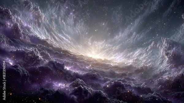 Fototapeta A luminous galactic core erupts with swirling cosmic clouds in deep space.