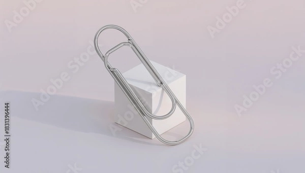 Obraz Minimalist Composition - Oversized Paperclip Resting on White Geometric Cube, Studio Shot.