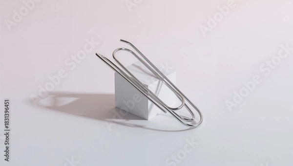 Obraz Sleek Silver Paperclip Leaning on White Block, Casting Sharp Shadow, Minimalist Office Still Life.