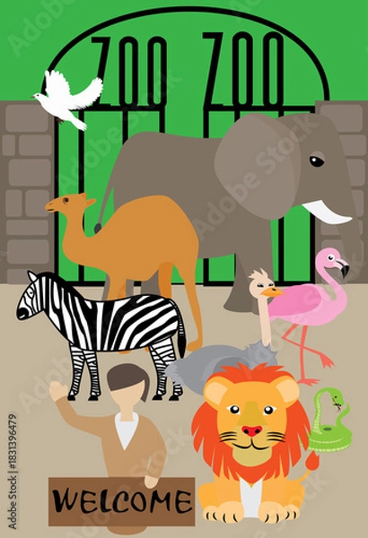 Fototapeta A vector art of a Zoo, a public place where a zookeeper welcoming from the zoo entrance with the animals. 