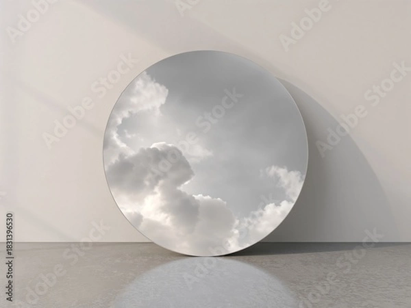 Obraz Minimalist Circular Mirror Reflecting Dramatic Cloudy Sky on a Serene Wall.