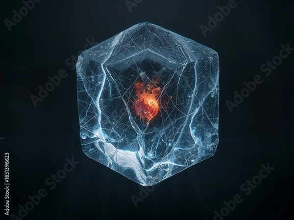 Obraz Vibrant Red Energy Core Pulsating Within Luminous Hexagonal Ice Crystal with Blue Veins on Black.