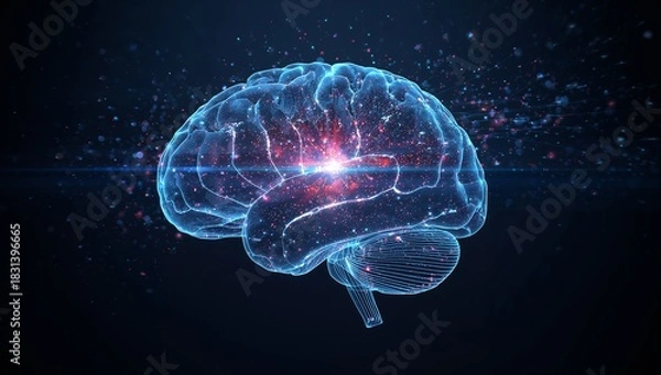 Obraz Glowing Digital Brain with Neural Network Activity, Futuristic Medical Concept.