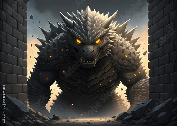 Obraz Massive spiky monster emerging from ruined archway with glowing eyes