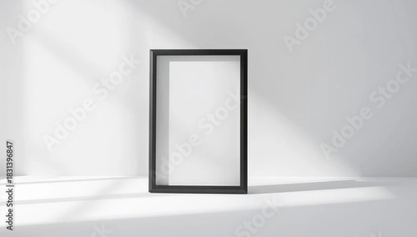 Obraz Vertical Black Frame Mockup with Sunlight Shadows on Minimalist White Wall.