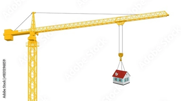 Obraz Construction crane lifting a small house against a white background