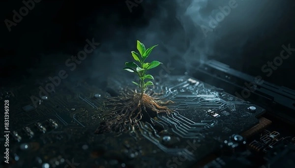 Obraz Sprout Emerging from Circuit Board - Hope, Growth, and Technology Fusion.