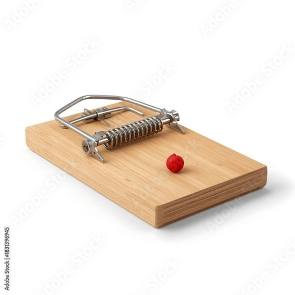 Obraz Wooden mouse trap with a small red ball bait on a white background