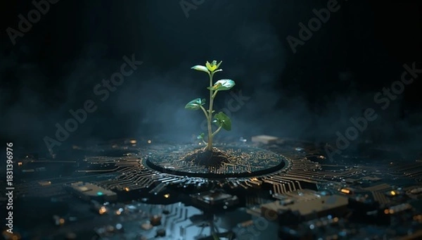 Obraz Luminous Green Sprout Thrives Amidst Dark, Wet Technological Debris.