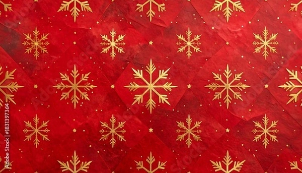 Fototapeta Festive red background featuring gold snowflake pattern design
