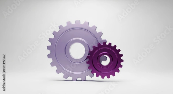 Obraz Two interlocking gears one large purple and one small lavender