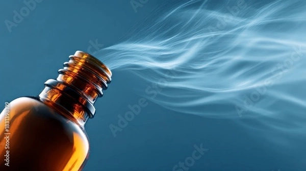 Fototapeta Essential oil bottle releasing soft mist with flowing vapor against blue background, creating calming and soothing atmosphere for aromatherapy and wellness use