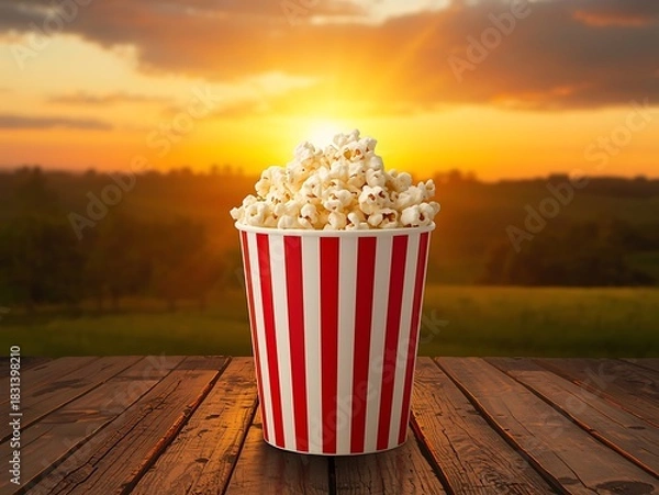 Obraz Bucket of popcorn on wooden table with sunset background