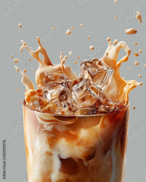 Obraz Iced latte with swirling milk and glossy ice cubes in clear glass under cinematic lighting on light gray background