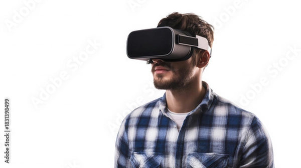 Fototapeta Man wearing a virtual reality headset in a blue and white checkered shirt on  isolated on transparent background