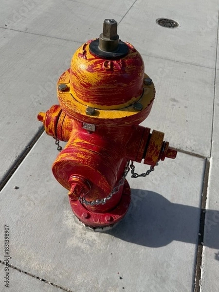Obraz Red and Yellow Fire Hydrant: Close up of a red municipal fire hydrant painted with yellow brush strokes.