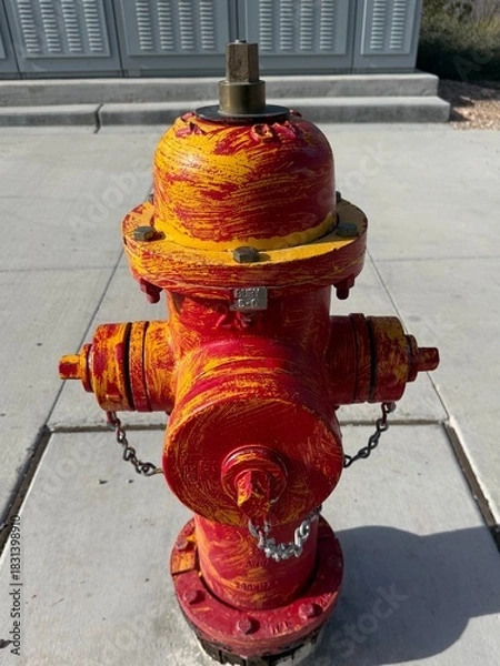 Obraz Red and Yellow Fire Hydrant: Close up of a red municipal fire hydrant painted with yellow brush strokes.