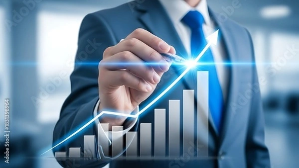 Fototapeta Businessman draws upward trend line on a bar graph with a pen tool