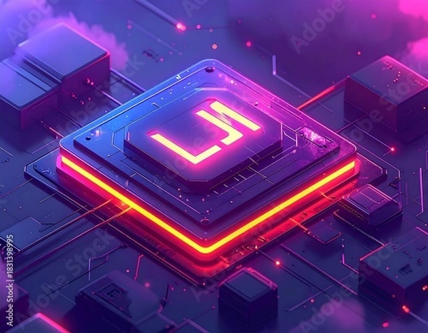 Fototapeta Futuristic central processing unit, lit in neon against a cloudy sky