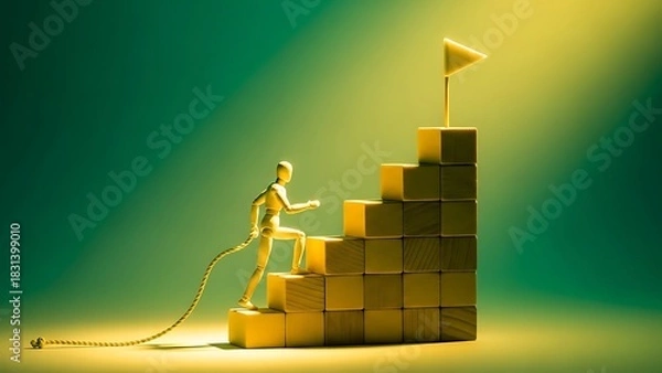 Fototapeta Wooden figure climbs blocks towards a flag representing goal setting
