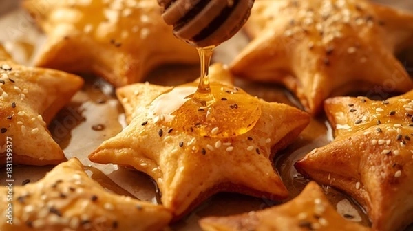 Obraz Golden star shaped pastries drizzled with honey and sprinkled with seeds