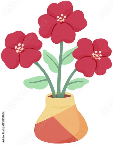 Fototapeta Cute red flower plant in pot illustration. Cute floral doodle for invitation, pattern, journaling, planner, greeting card, and decorative projects