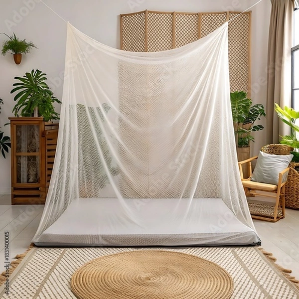 Obraz Cozy bohemian bedroom with mosquito net draped over bed and plants