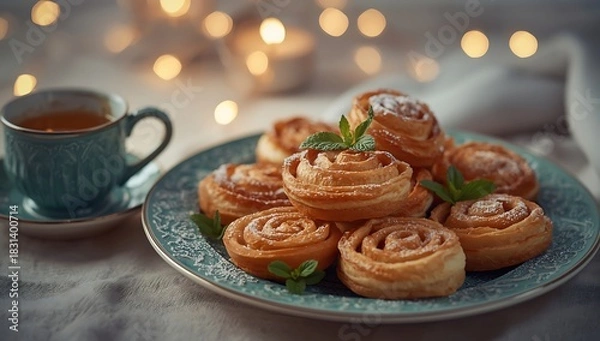 Obraz Sweet pastry rolls dusted with powdered sugar served with tea and bokeh lights