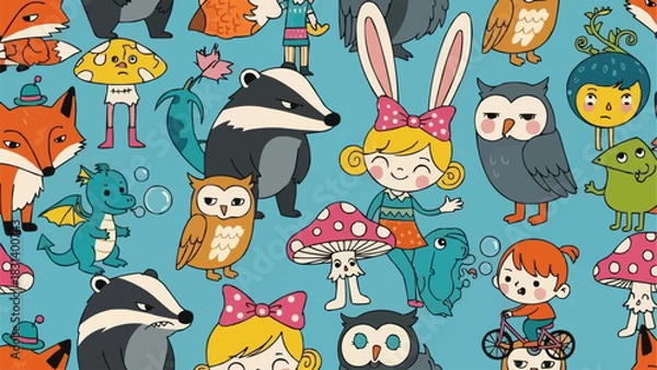 Obraz Whimsical Forest Creatures and Characters in a Colorful Illustration.