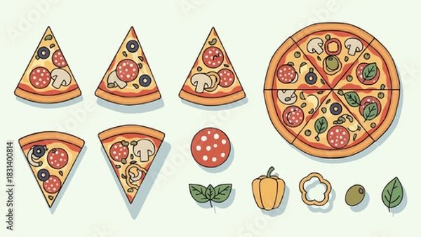 Obraz Vector illustration set of pizza slices and ingredients.