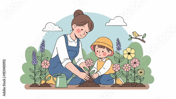 Obraz Mother and child planting flowers together in a garden.