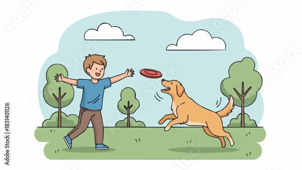 Obraz Boy playing frisbee with his dog in a park.