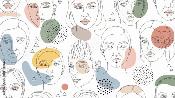 Obraz Artistic faces in line art style with colorful abstract shapes.