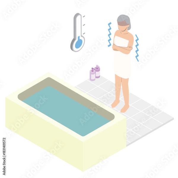 Obraz 浴室が寒くて震える女性・アイソメトリック