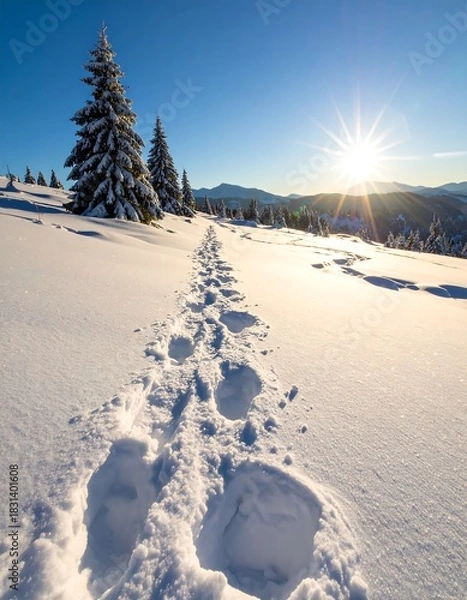 Obraz Footprints in snow leading to a sunny winter landscape