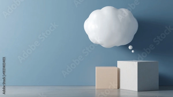 Obraz A white cloud with a thought bubble on it is in front of two boxes