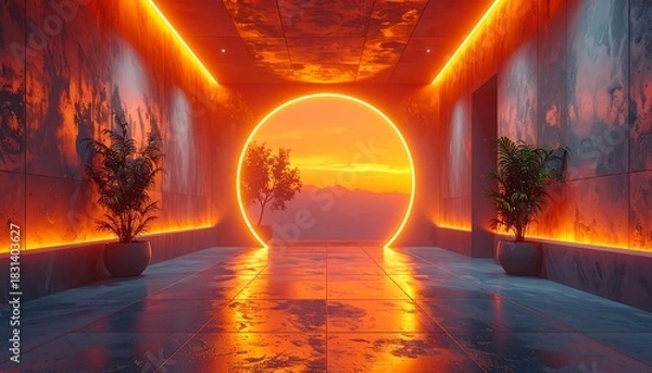 Obraz Futuristic corridor with illuminated circle framing a sunset scene