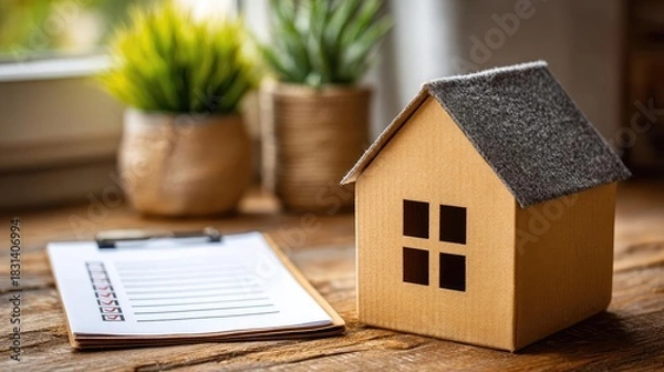 Obraz Cardboard house with checklist concept. A charming model house on a wooden table with a checklist nearby.