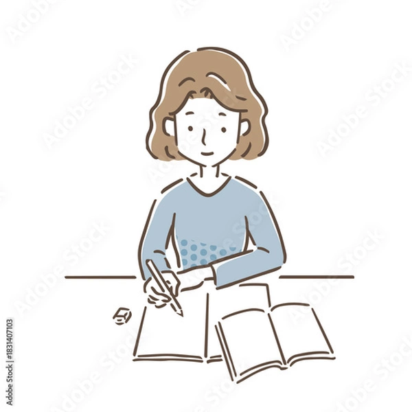 Fototapeta 机にノートとテキストを広げて勉強をしている若い女性