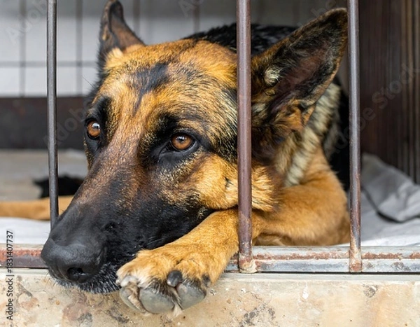 Fototapeta German Shepherd dog looks sadly through cage bars