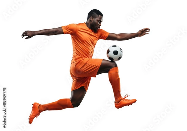 Fototapeta Soccer player in orange uniform isolated on transparent background