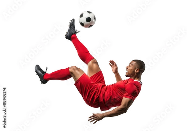Fototapeta Soccer player performing a bicycle kick isolated on transparent background