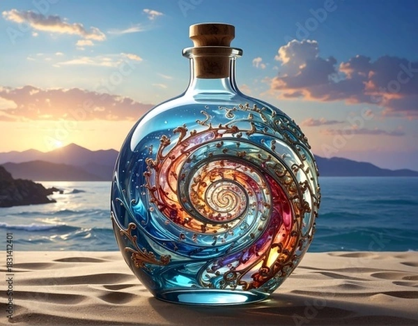 Obraz Glass bottle with colorful spiral design, sea background