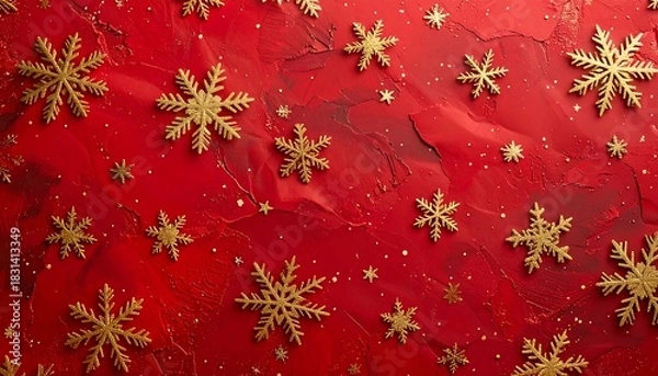 Fototapeta Golden snowflake decorations on a textured, deep red background