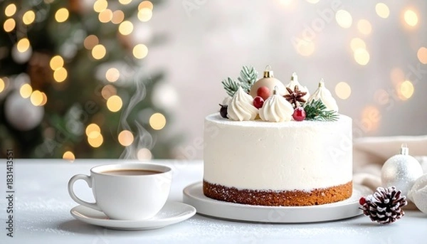 Fototapeta 白いクリスマスケーキとコーヒー　クリスマスツリー
