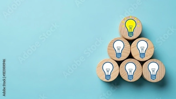 Obraz Bright idea concept with illuminated light bulb atop wooden block stack