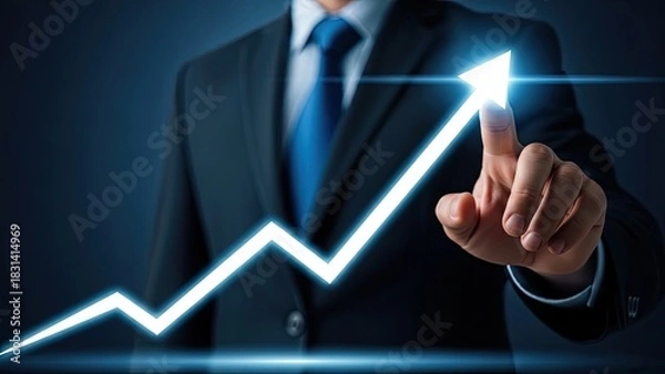 Obraz Businessman's hand touching glowing upward arrow chart, symbolizing growth.